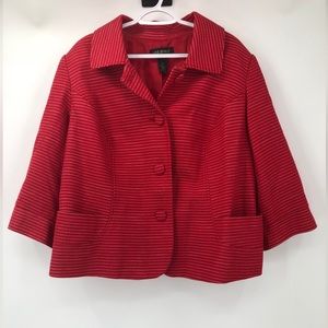 EUC Lane Bryant Red Tan Striped Dot 3/4 Sleeve Button Front Collared Blazer 24
